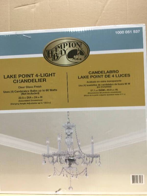 lot 61 image: Hampton Bay Lake Point 4-Light Chrome and Clear Crystal Chandelier