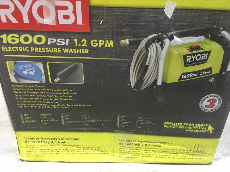 lot 62 image: Ryobi 1,600 PSI 1.2 GPM Electric Pressure Washer in good working condition