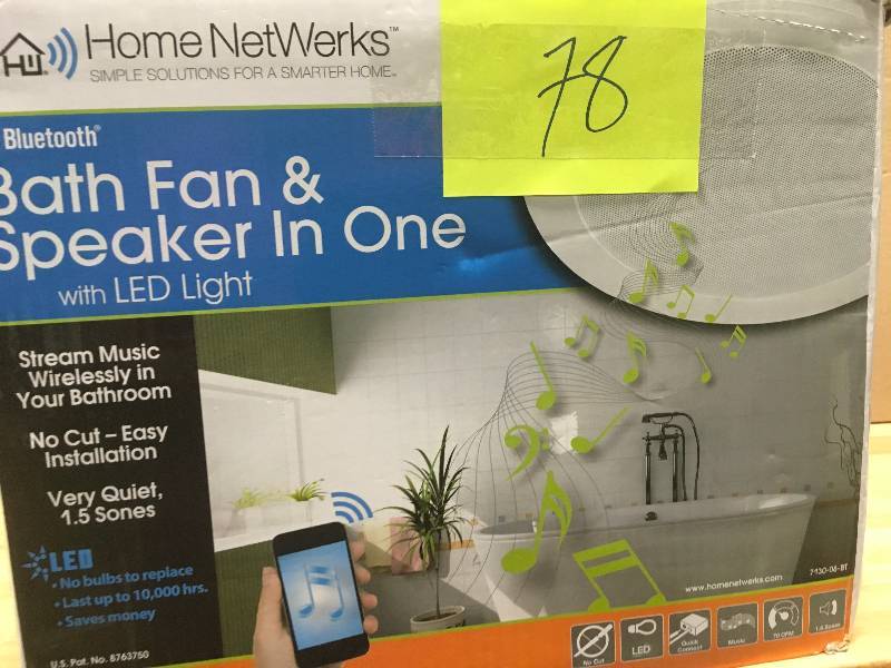 lot 78 image: Decorative White 70 CFM Bluetooth Stereo Speaker Exhaust Bathroom Exhaust Fan with LED Light