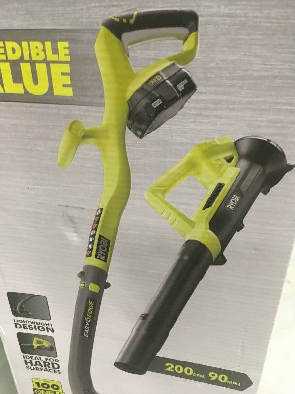 lot 92 image: Ryobi ONE 18-Volt Lithium-Ion String TrimmerEdger and Blower Combo Kit 2.0 Ah Battery and Charger Included open box in good working condition