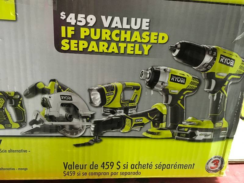 lot 5 image: Ryobi 18-Volt ONE Cordless Lithium Ion 6-Tool Combo Kit with (2) 1.5 Ah Batteries, Charger, and Bag in good conditions