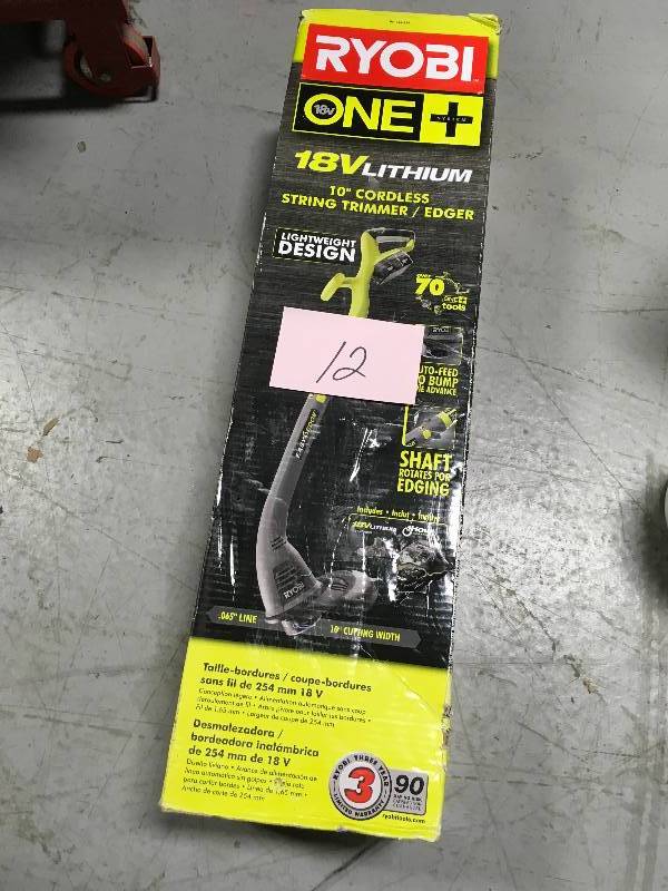 lot 12 image: Ryobi ONE 18-Volt Lithium-Ion Electric Cordless String Trimmer and Edger - 1.3 Ah Battery and Charger Included in working conditions