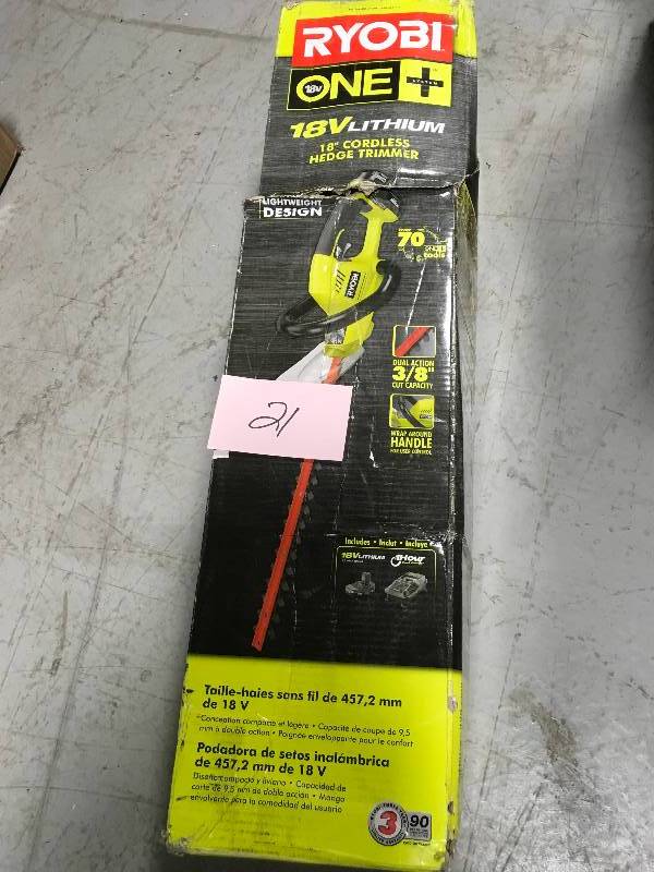 lot 21 image: Ryobi ONE 18 in. 18-Volt Lithium-Ion Cordless Hedge Trimmer - 1.3 Ah Battery and Charger Included   Used in good working cond.