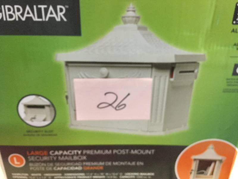 lot 26 image: Hamilton White Locking Aluminum Large Post-Mount Mailbox in good conditions