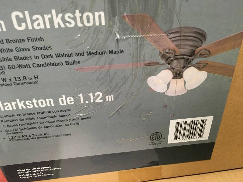 lot 38 image: Clarkston 44 in. Oiled Rubbed Bronze Ceiling Fan with Light Kit in good conditions