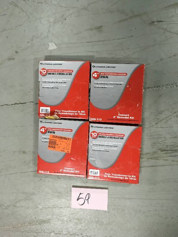 lot 59 image: Lithonia Lighting 4 in. Recessed New Construction Pan Accessory Lot of 4 not used