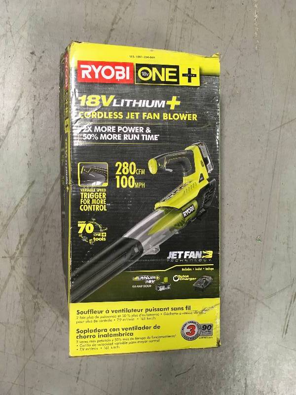 lot 77 image: Ryobi ONE 100 MPH 280 CFM Variable-Speed 18-Volt Lithium-Ion Cordless Jet Fan Leaf Blower 4Ah Battery and Charger Included in good conditions