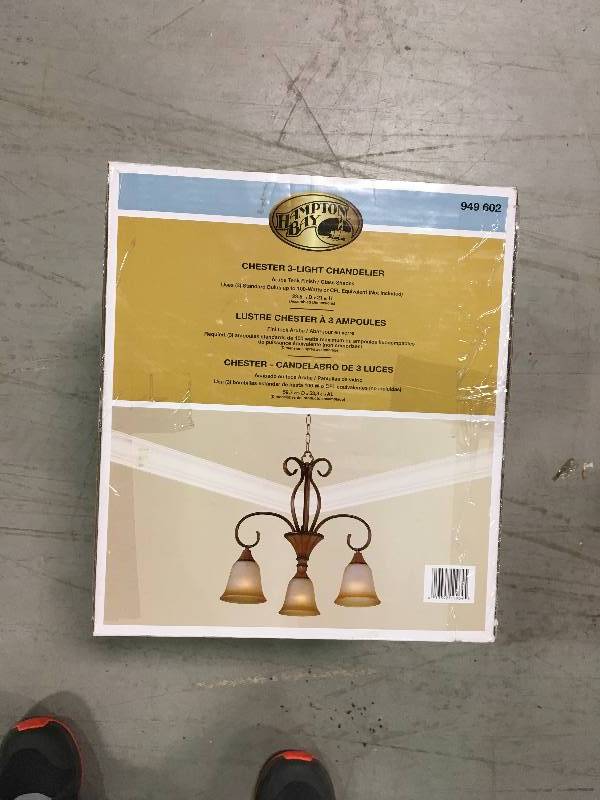 lot 92 image: Hampton Bay Chester 3-Light Chandelier Aruba Teak not used