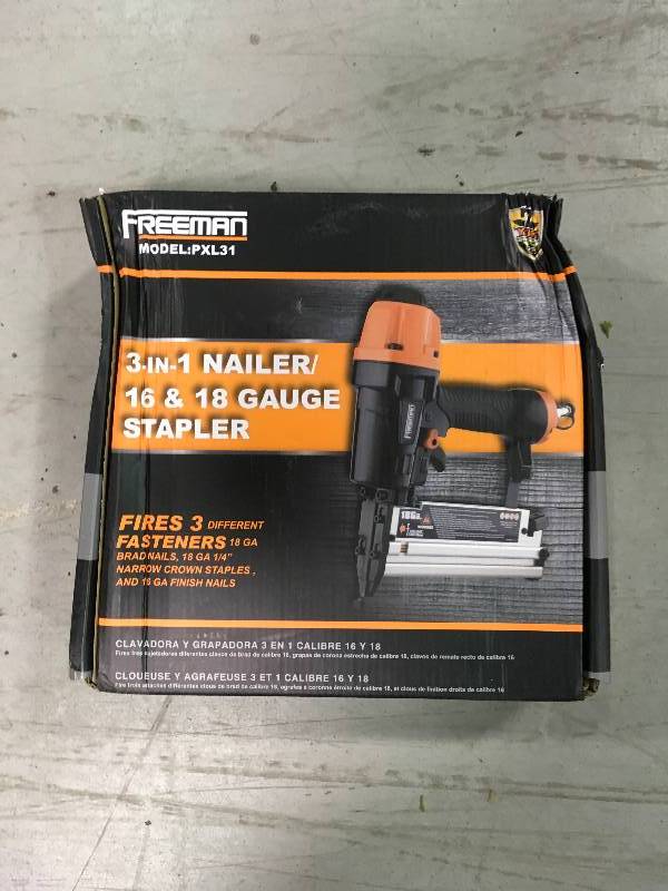 lot 94 image: FREEMAN Pneumatic 3-in-1 16-Gauge18-Gauge Finish Nailer and Stapler in good conditions