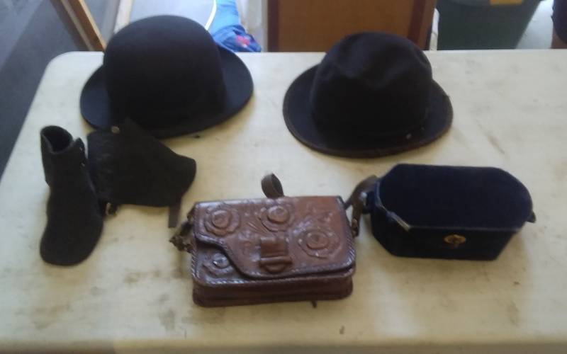 lot 1 image: 2-Vintage Derby Hats, Leather Tooled Purse