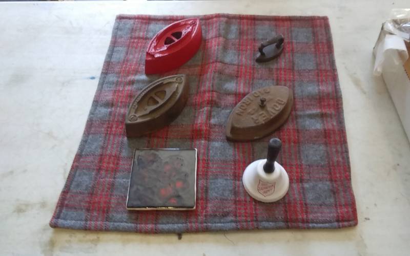 lot 6 image: 3-Old Sad Irons, Miniature Cast Iron, Salvation Army Bell