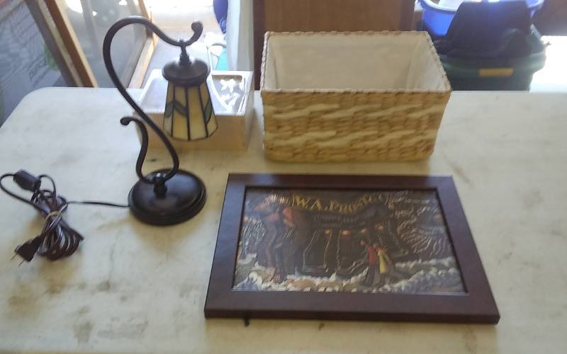 lot 7 image: Quoizel Glass Lamp, WA Frost Picture, Shadow Box Frame, Basket