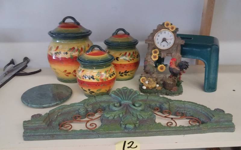lot 12 image: Canisters, Clock, Wall Decor, Step Stool