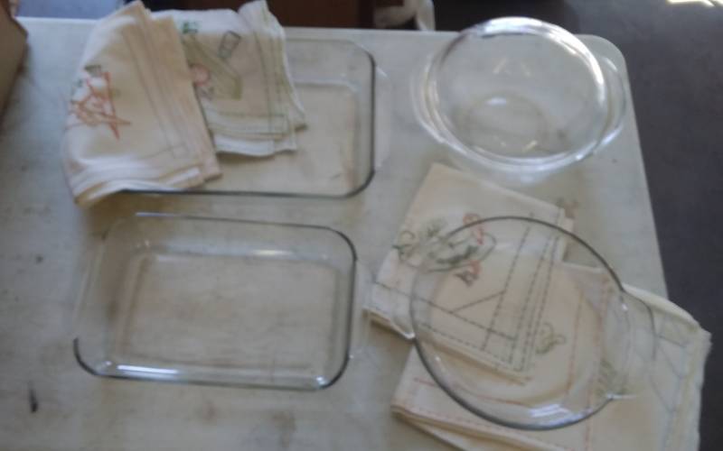 lot 15 image: Pyrex Bakeware, Embroidered Dish Towels