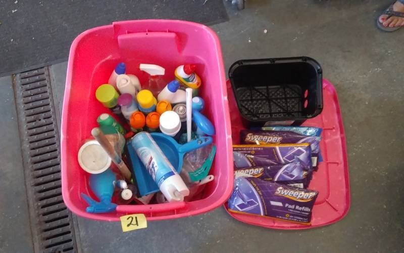 lot 21 image: Tub With Lid, Household Cleaners, Air Fresheners, Clothes Pins, Toilet Plunger
