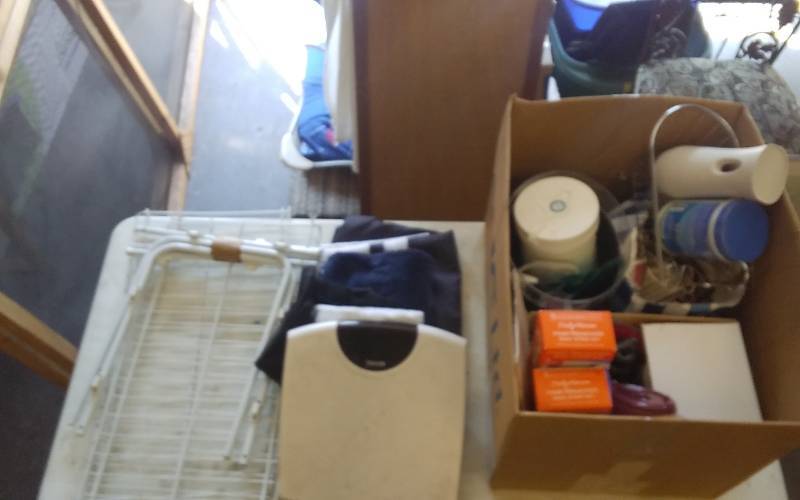 lot 22 image: Box Lot Of Bathroom Relater, Wire Shelf, Towels, Garbage Can