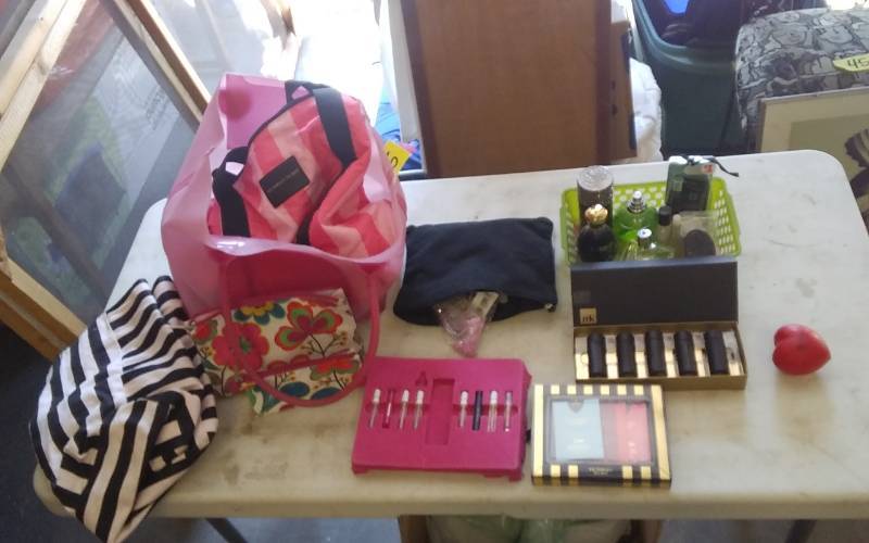 lot 25 image: Victorias Secret Bag, Assorted Perfumes, Colognes, Finger Nail Decals & Polish
