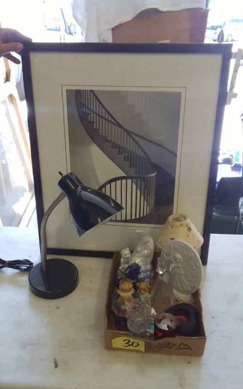 lot 30 image: Angel & Teddy Bear Figurines, Desk Lamp, Glassware, Abstract Art