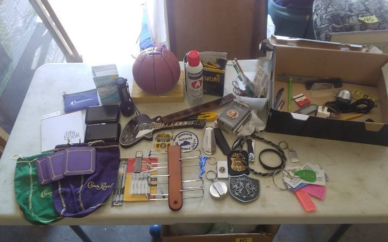 lot 41 image: Lot Of Mens Misc Keys, Fobs, Cards, Basketball Bank, Royal Crown Bags & Lighted Coasters, Shoe Horns, Nail Care