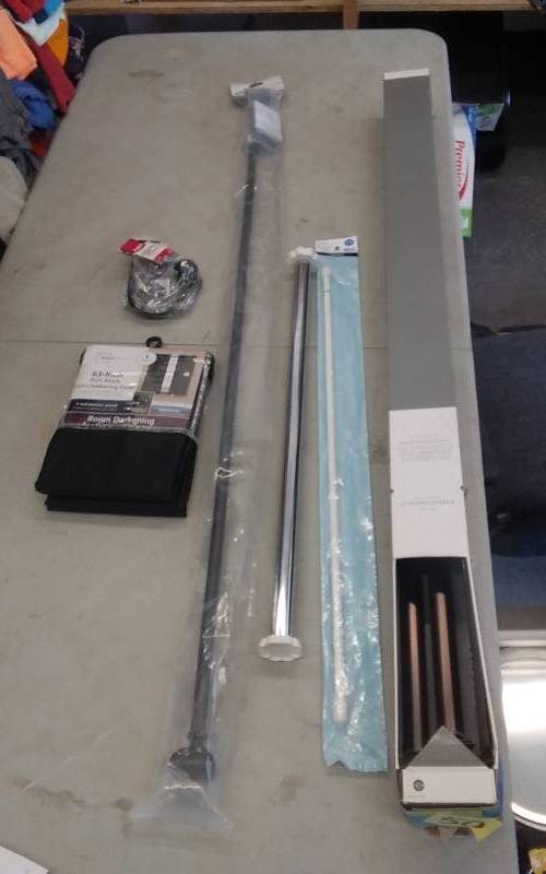 lot 50 image: 1-63 Inch Room Darkening Panel, Assorted Curtain Rods, Tension Rods & Tie Backs