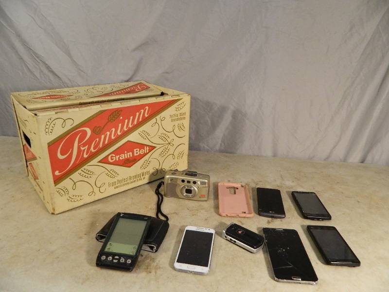 Vintage Grain Belt Beer Box and Assorted Phones