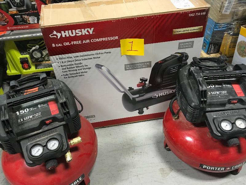 lot 1 image: Savage Porter Cable Air compresor and Husky Aircompresor for parts or repair.