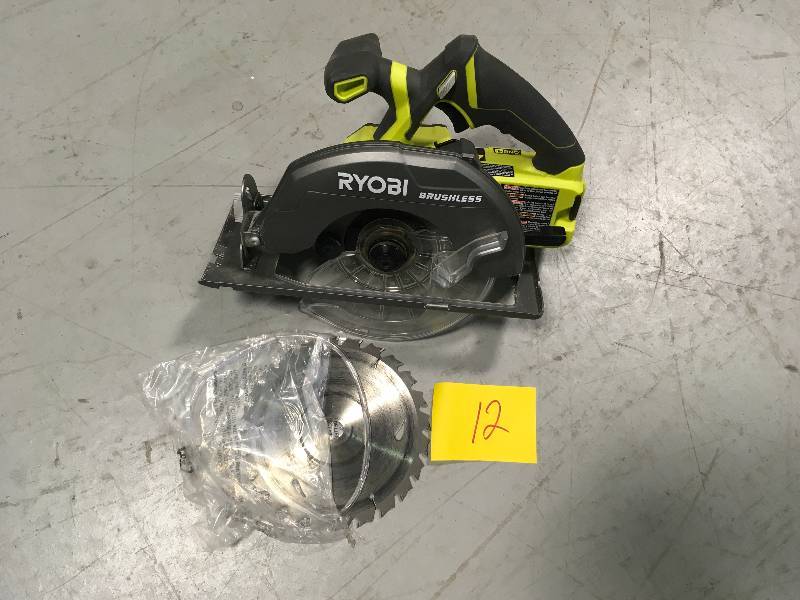 lot 12 image: Ryobi 18-Volt ONE Cordless Brushless 7-14 in. Circular Saw (Tool Only) used in working condition