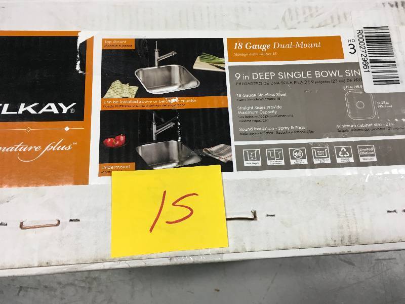 lot 15 image: Elkay Signature Plus Dual Mount Stainless Steel 16x17.75x9 0-hole Single Bowl Kitchen Sink Hd342391 no used