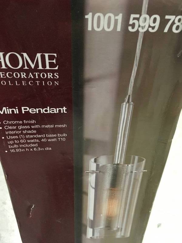 lot 65 image: Home Decorators Collection 1-Light Chrome Dual Shade Mesh Cylinder Pendant not used