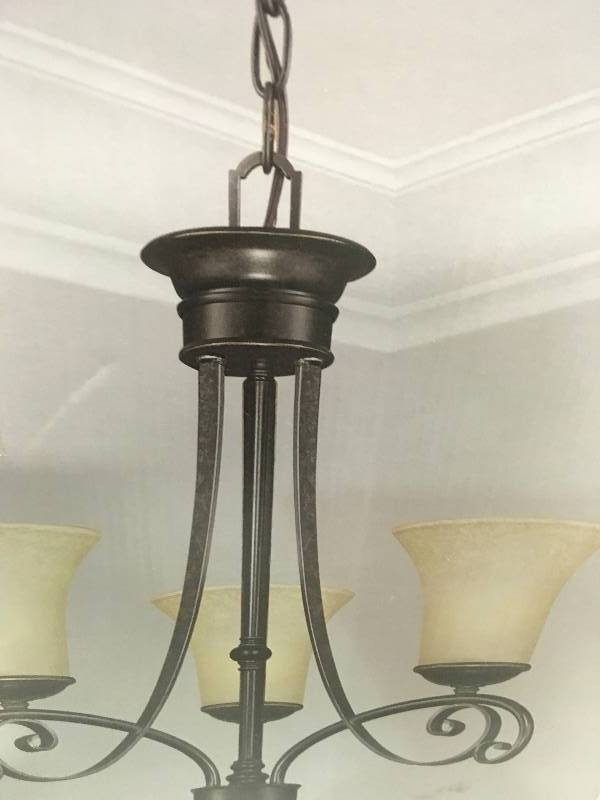 lot 67 image: Hampton Bay Essex 3-Light Aged Black Chandelier with Tea Stained Glass Shades