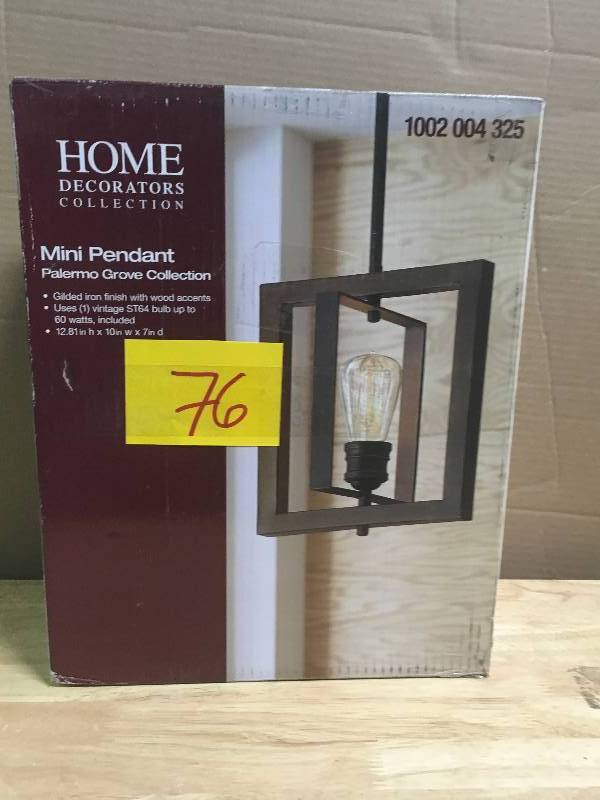 lot 76 image: Home Decorators Palermo Grove 10 in. 1-Light Gilded Iron Mini-Pendant in good conditions