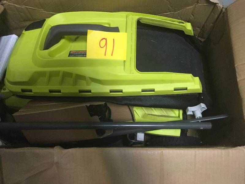 lot 91 image: Ryobi 13 in. ONE 18-Volt Lithium-Ion Cordless Battery Walk Behind Push Lawn Mower - 4.0 Ah BatteryCharger Included Used in working condition
