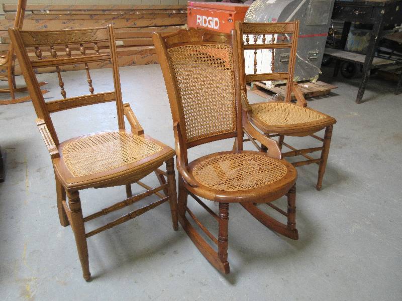 lot 114 image: ROCKING CHAIR AND SIDE CHAIRS WITH CANE SEATS