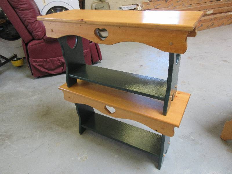 lot 121 image: GREEN AND NATURAL COLOR SOLID WOOD ACCENT TABLES