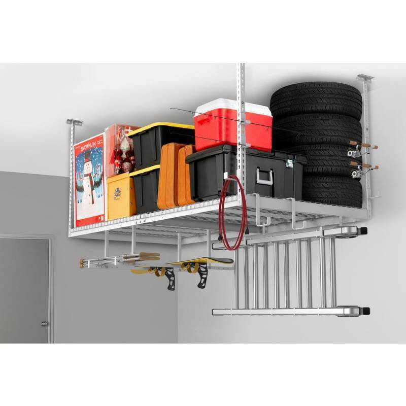 lot 86 image: NewAge Products Versarac 96 in. L x 48 in. W x 42 in. H Adjustable Ceiling Storage Rack with Hooks in White (12-Piece)