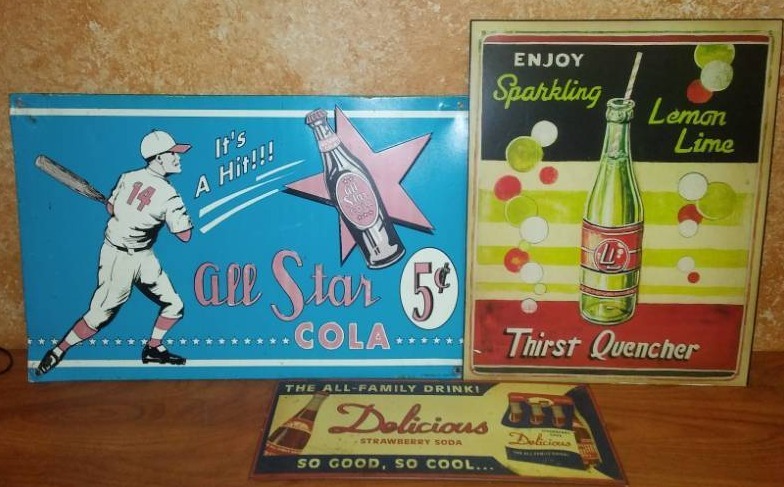 lot 91 image: 3 metal signs Lemon-lime and All Star Cola Soda.