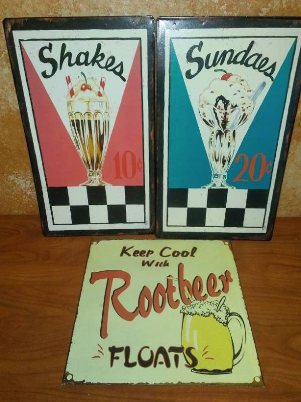 lot 94 image: 3 metal signs Sundaes, Shakes, Root Beer Floats, all Heavy gauge.