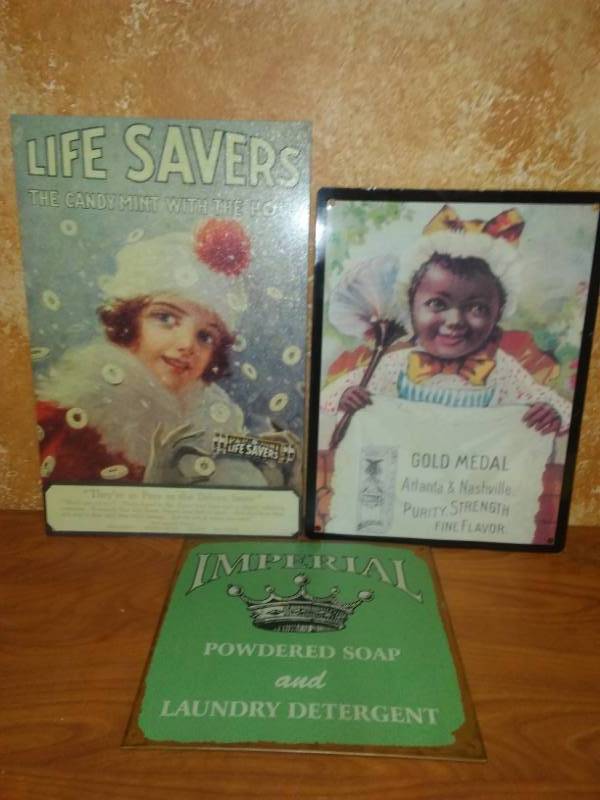lot 95 image: 3 metal signs. Lifesavers, Gold Medal vanilla, Imperial soap