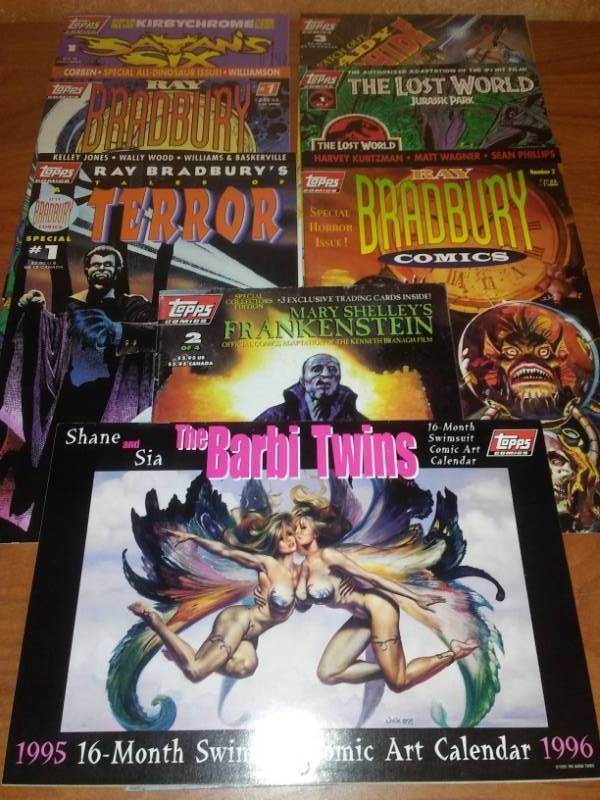 lot 122 image: 8 Topps Comics, Ray Bradburys, Jurassic Park, Lady Rawhide, Satans Six, the Barbi Twins 1995 calendar