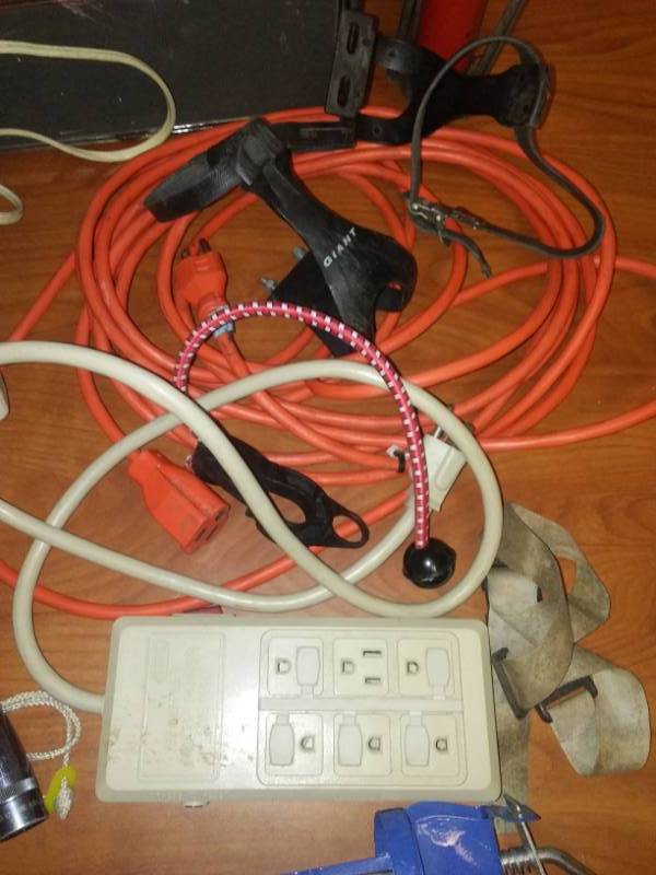 lot 130 image: Extension Cord and Power strip, pump, fan, radio and more