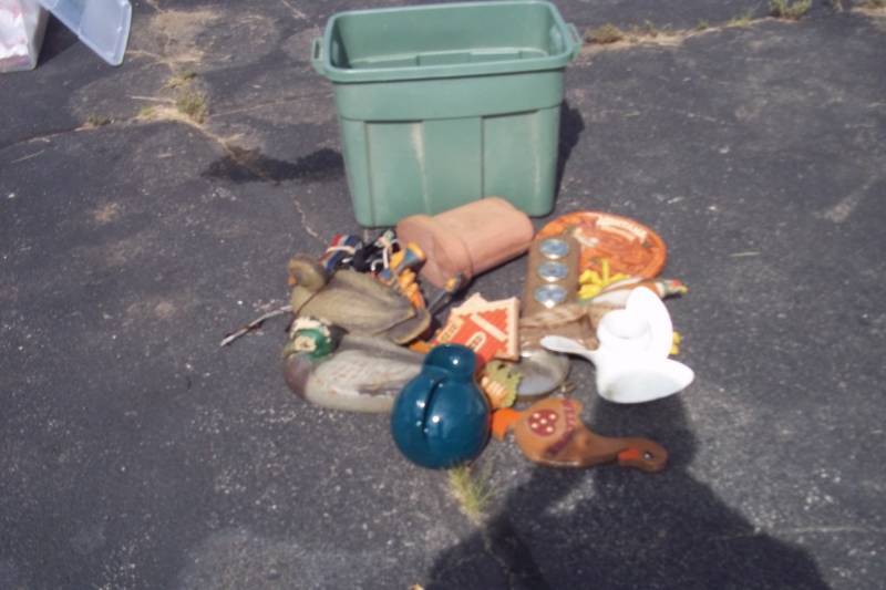 lot 51 image: Tote with Vintage Duck Decoys, Pitcher, Straps, Wall Hangings, Outboard Prop, Misc.