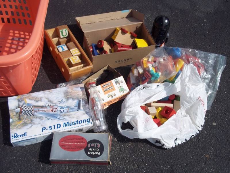 lot 57 image: Lot of Vintage Kids Toys, Wood Blocks, Misc with Basket