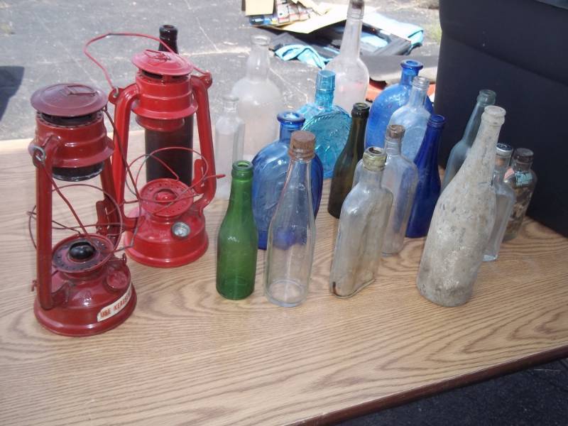 lot 58 image: Tote with Vintage Bottles & Lanterns