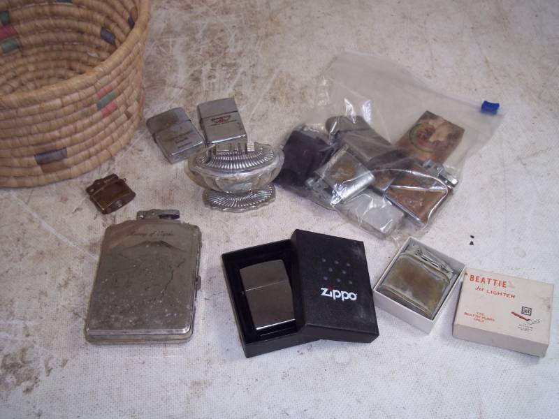 lot 12 image: Vintage Zippo Lighters & Other Lighters with Basket