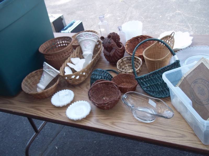 lot 67 image: Large Assortment of Candlewick, Milk Glass, Fire Cane and Baskets includes 2 Totes