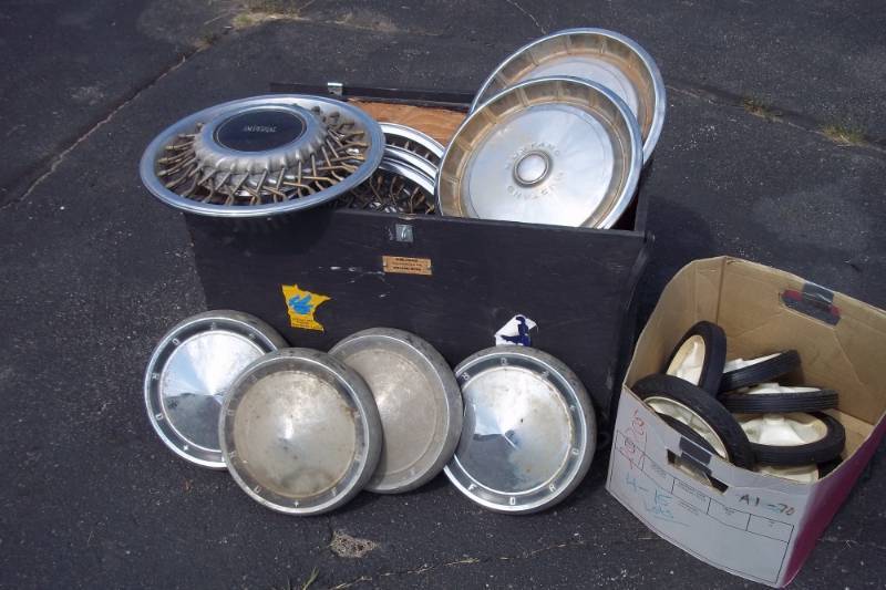 lot 75 image: Hub Caps, Cart Wheels, Wood Storage Box