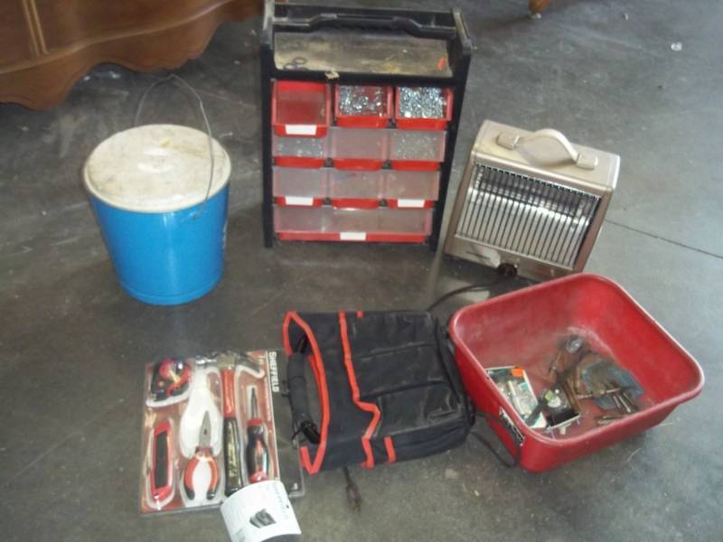 lot 19 image: Parts Bin, Electric Heater, Tools with Tool Pouch, Tap Set
