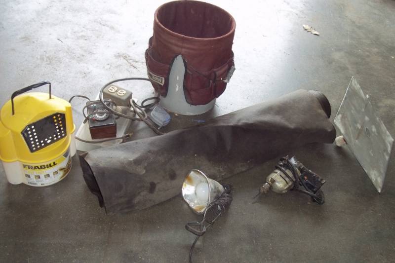 lot 99 image: Bucket with Tool Holder, Electric Drill, Sheet Rock Mud Board, Minnow Bucket, Misc.