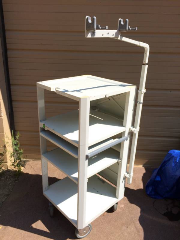 lot 10 image: Retails Used $600 FANTASTIC OLYMPUS MD-497 ENDOSCOPY CART VIDEO TOWER Compact Video Trolley COMPUTER MEDIA SLIDE OUT TRAY MEDICAL MONITOR IMAGING STAND - Multiple Power Supply Back Up Plugins