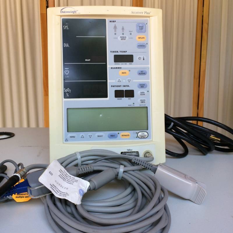 lot 7 image: WOW RETAILS USED $900 For Your Home Or Clinic Mobile Datascope Accutorr Plus Patient Monitor NIBP, SPO2 Includes Finger Probe, Hose and Adult Cuff - Excellent Working Condition